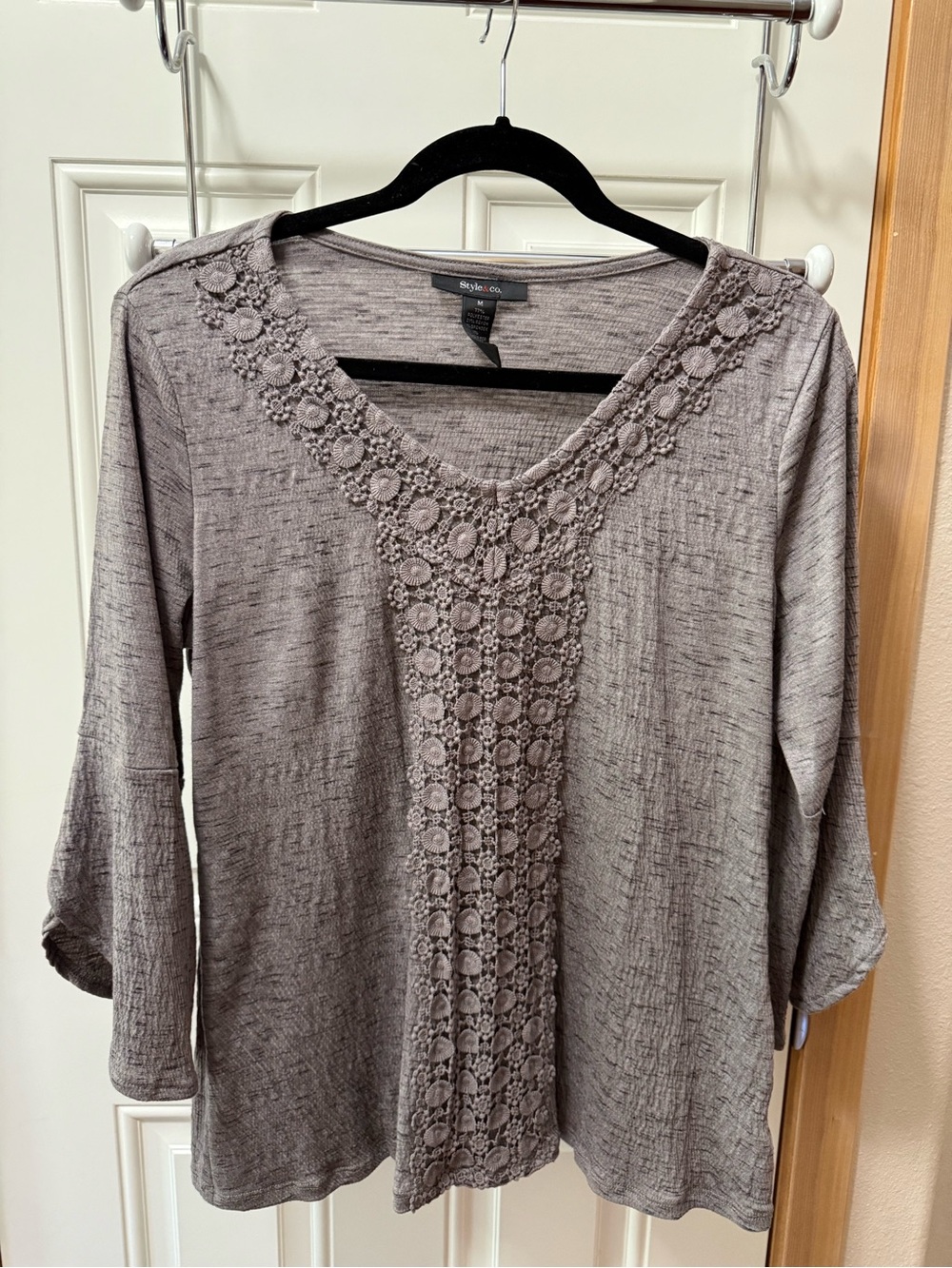 Style & Co. Taupe Crochet-Panel V-Neck Tunic Top